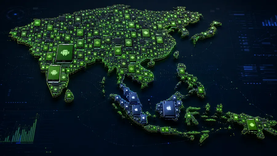 फोन आइकॉन्स से बना Asia का नक्शा, ज़्यादातर हरा Android, Malaysia के ऊपर Apple लोगो का एक क्लस्टर