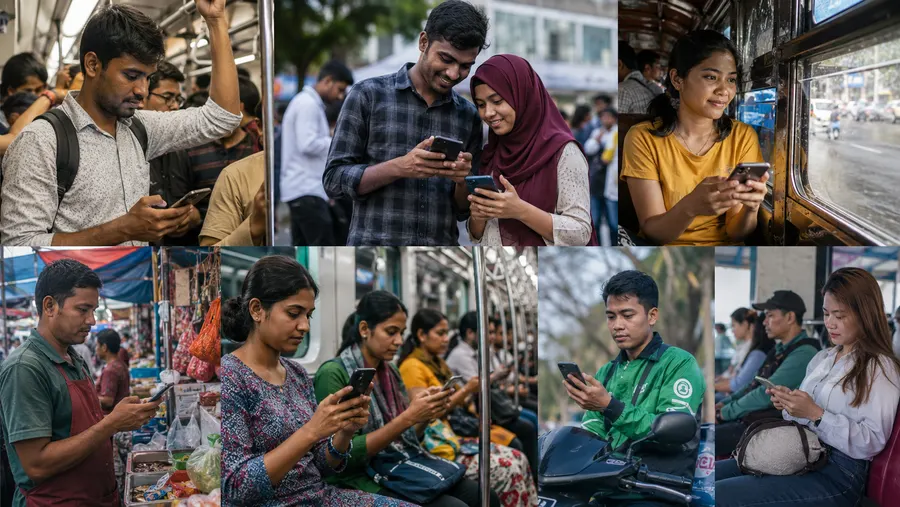 South और Southeast Asia में लोग पब्लिक ट्रांसपोर्ट और बाज़ारों में स्मार्टफोन इस्तेमाल करते हुए
