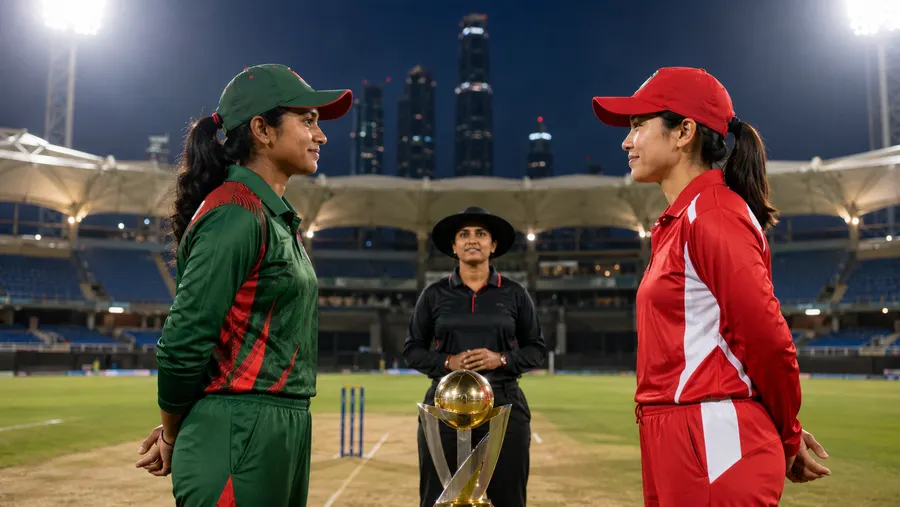कॉइन टॉस के दौरान Bangladesh और Indonesia की कप्तान, बीच में मैच ट्रॉफी, पीछे दुबई की स्काईलाइन