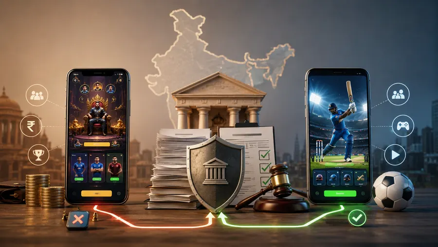 कानून की किताब और गैवल ग्राफिक के दोनों तरफ एक real-money gaming ऐप और एक free-to-play क्रिकेट ऐप