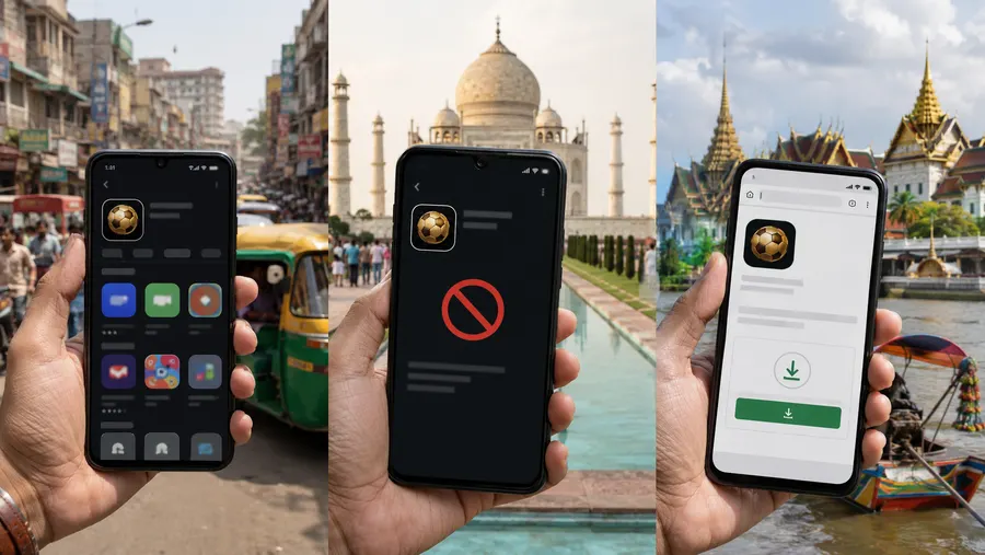 Bangladesh, India और Thailand के शहरों के बैकड्रॉप के साथ उठाए गए तीन फोन - एक में blocked ऐप दिख रहा है, दूसरे में browser से सीधा डाउनलोड