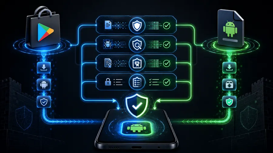 डायग्राम जिसमें Google Play Store और एक डायरेक्ट APK फाइल दोनों फोन तक पहुंचने से पहले एक जैसी सिक्योरिटी चेक से गुज़रते दिख रहे हैं