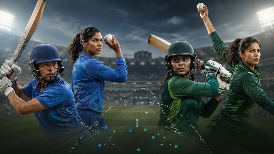 India के दो खिलाड़ी और Pakistan के दो खिलाड़ी बैटिंग-बॉलिंग पोज़ में, साथ में शॉट-ट्रैकिंग ओवरले