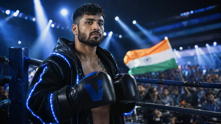रिंग में बॉक्सिंग ग्लव्स पहने Neeraj Goyat, पीछे लहराता हुआ भारतीय तिरंगा