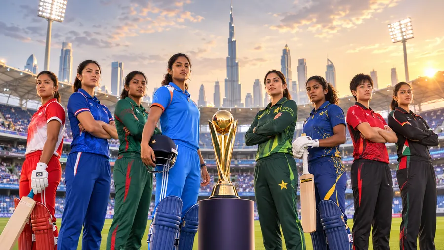 दुबई में टूर्नामेंट ट्रॉफी के चारों तरफ खड़ी महिला एशिया कप 2026 की सभी आठ टीमें